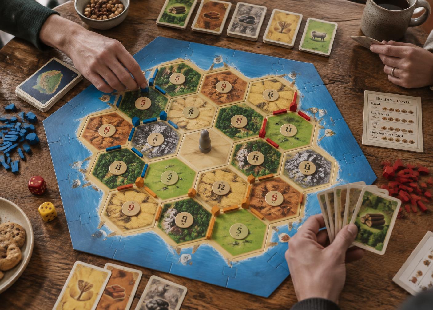 Vista de cima de uma partida de jogo de tabuleiro moderno com cartas, peças e dados sobre a mesa